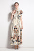 Runway Fashion Elegant Floral Print, Bow Neck, Big Swing Vintage Long Maxi Dress